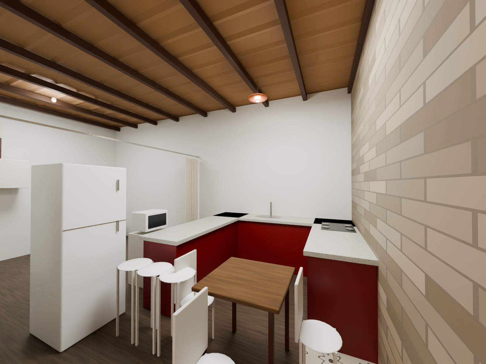 Cozinha reconstruída com geladeira, mesa e referências de proporção